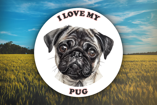 I Love My Pug Sticker Decal is 100% waterproof vinyl that works great water bottles, laptops, cars, trucks, phones, lockers, Ipads, or just about anywhere!