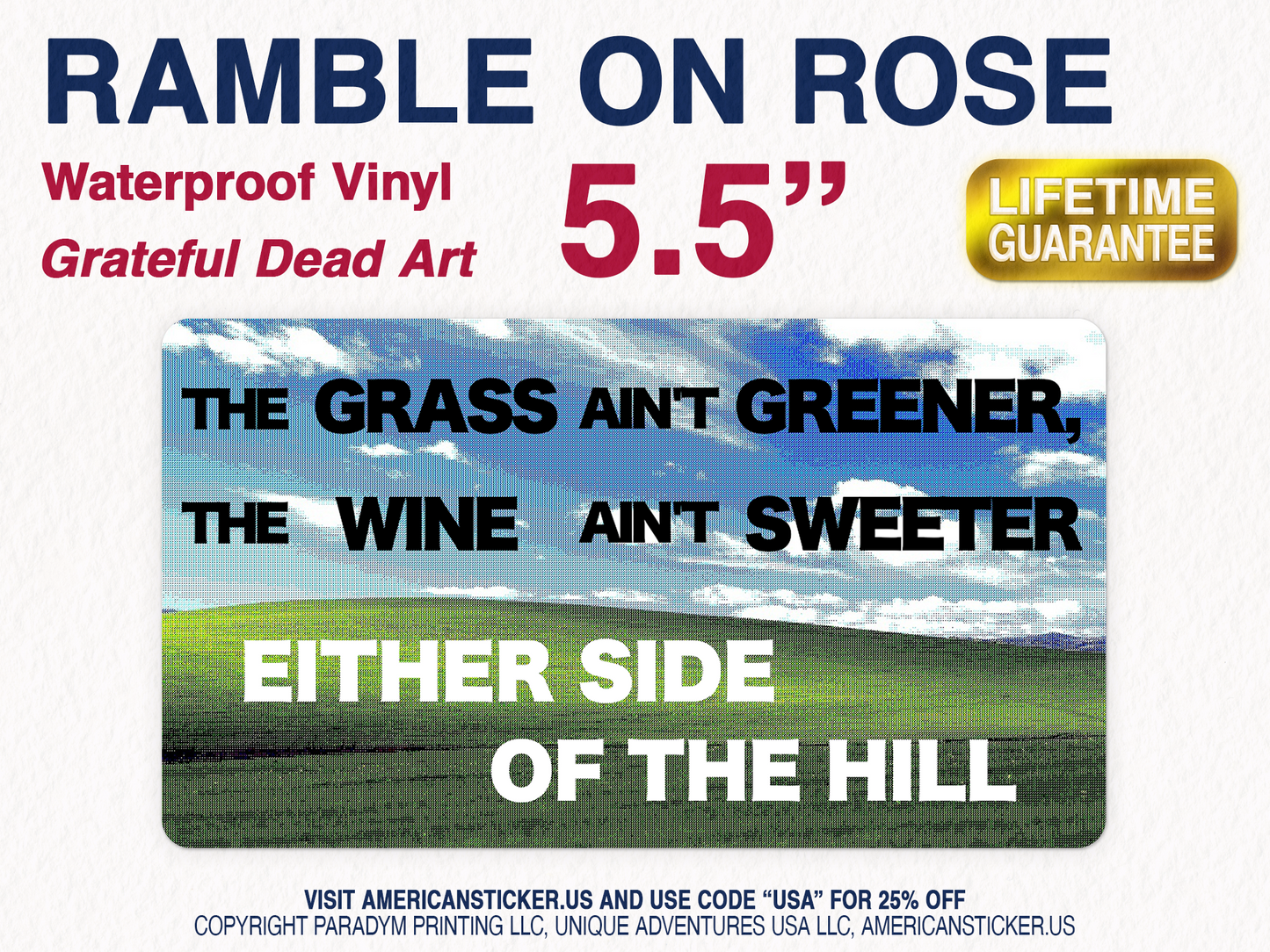 Ramble On Rose Waterproof Vinyl Sticker Decal Grateful Dead Lyric Art