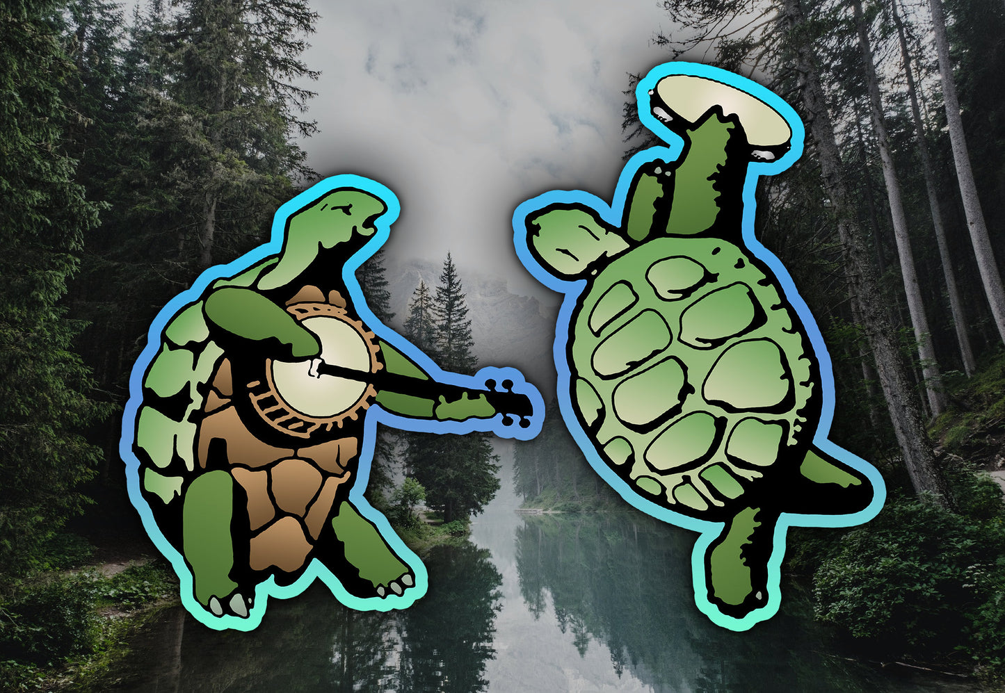 Terrapin Turtle With Banjo & Terrapin Turtle With Tambourine Waterproof Vinyl Sticker Decal Grateful Dead Lyric Art